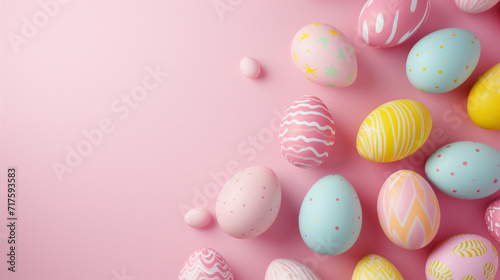 Colorful Easter eggs on pastel background. Creative design. 3d rendering