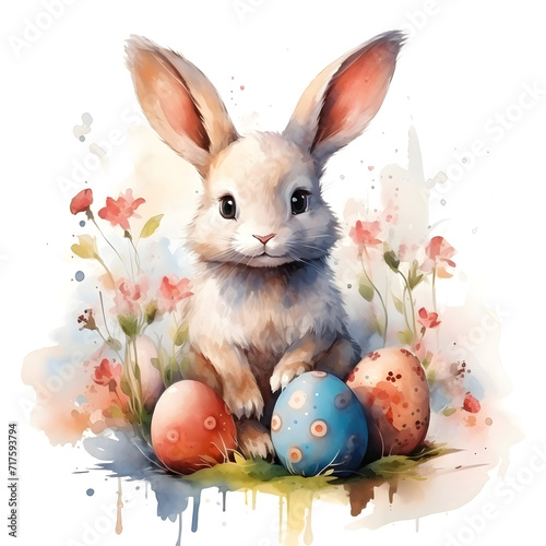 Watercolor illustration  Bunny with soft  expressive eyes and perky ears  with pastel colored Easter eggs and delicate wildflowers on white background