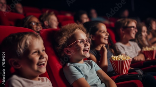 A group of happy smiling children are enjoying a movie at the cinema with popcorn. Children's entertainment, movie night, weekend and vacation concepts.