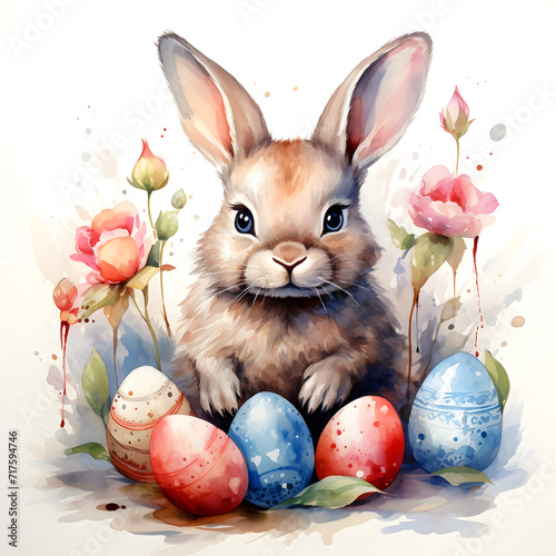 Watercolor illustration, Bunny with soft, expressive eyes and perky ears, with pastel colored Easter eggs and delicate wildflowers on white background photo