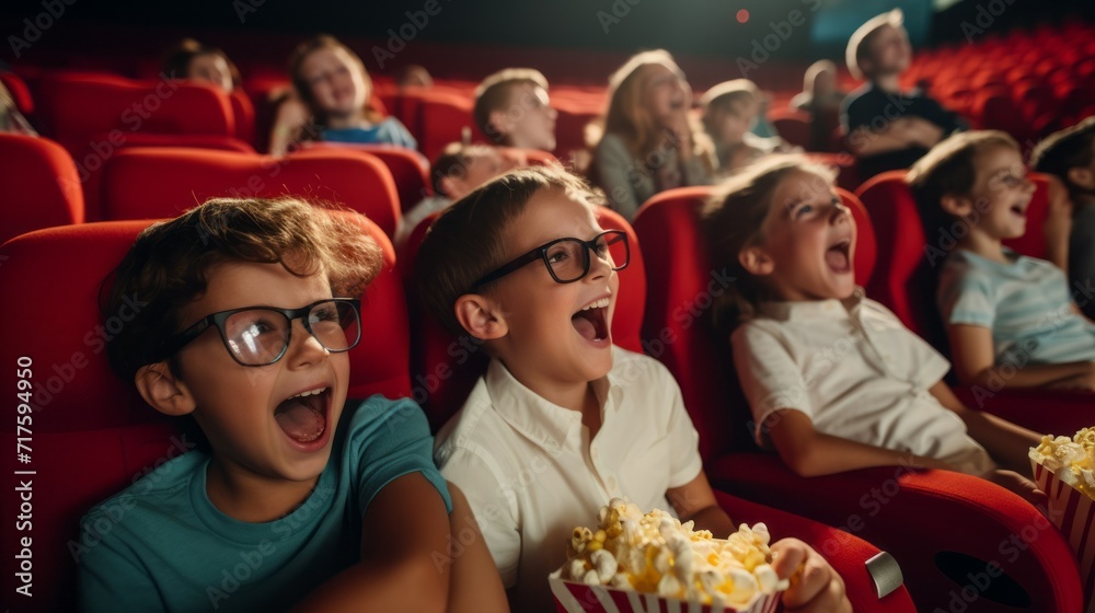 Happy joyful children girls and boys are watching a popcorn movie at the cinema. Children's entertainment, movie night, weekend and vacation concepts.