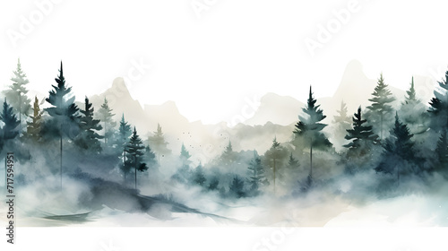 A watercolor painting of a mountain landscape with trees and mountains in the background,, Foggy landscape, firs, river. Hand drawn watercolor illustration. Design for background, template, wallpaper, © Sana Ullah