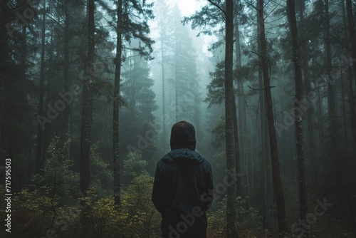 A person standing at the edge of a forest, looking into the distance, representing introspection and solitude