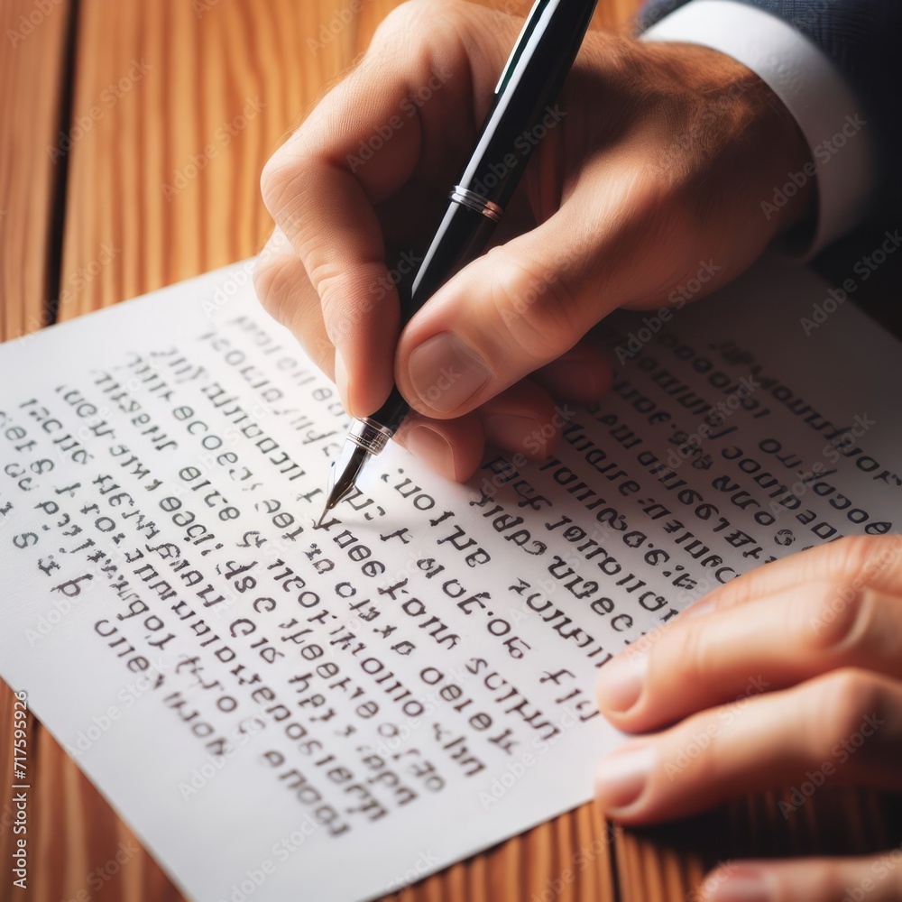 Close-up of writer's hands editing a written manuscript, pen in hand Close-up of writer's hands editing a written manuscript, pen in hand
