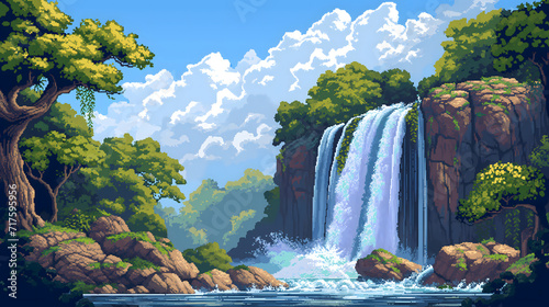 waterfall on meadow hills in pixel art style, pixel art background, rpg game background photo