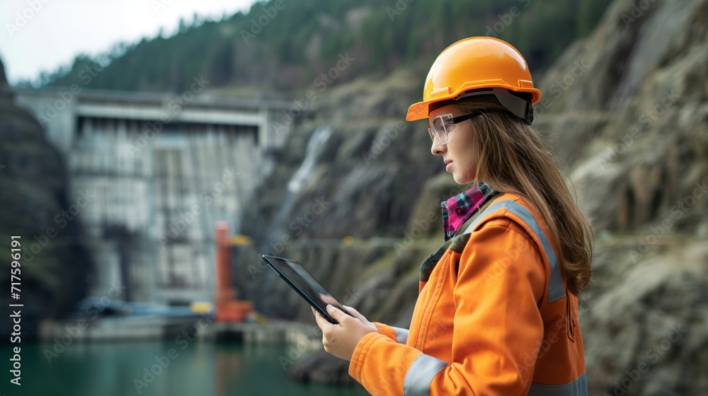 Engineer girls with a tablet, standing at the dam. Engineer girls with a tablet, standing at the dam.