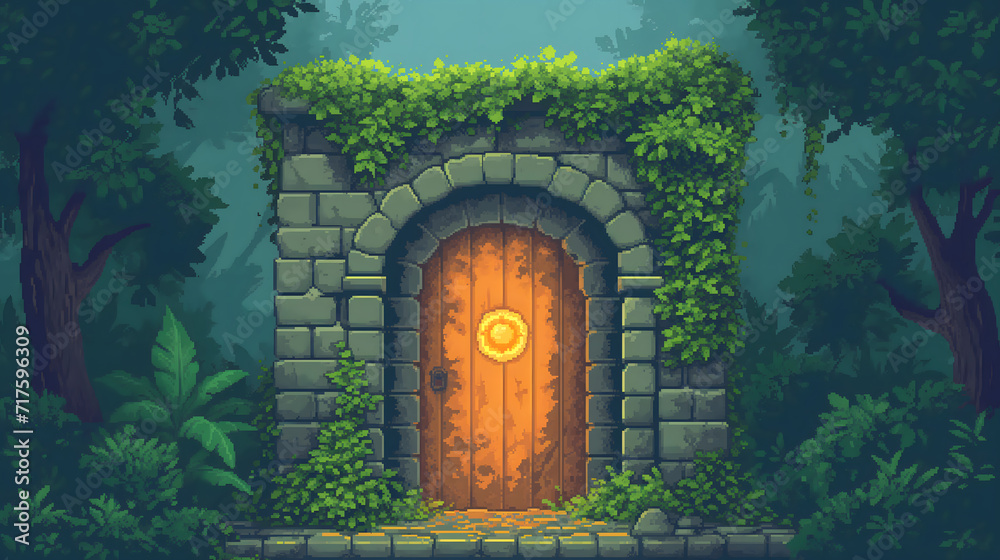 portal in the forest in pixel art game background, magic gate portal view, pixel art game background - obrazy, fototapety, plakaty 