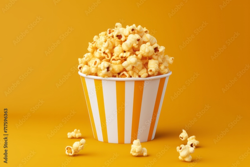 Gourmet Caramel Popcorn in an Elegant Yellow Bucket, Temptingly Sweet, on isolated yellow background, Generative AI