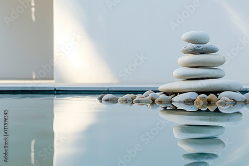 minimalist reflection pool as the fountain of life, with calm water and surrounding stones, creating a peaceful and contemplative scene in a minimalistic style