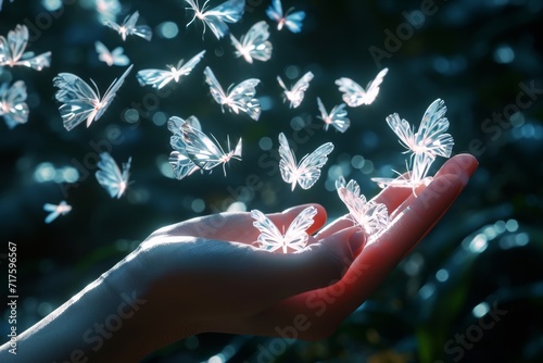A person's hand releasing a swarm of glowing digital butterflies, blending nature with technology in a magical display © Nino Lavrenkova
