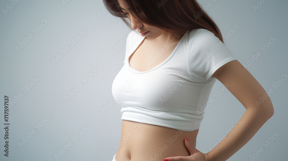 Slim woman, in jeans, white t-shirt, and shirt, showcasing fitness, beauty, and a healthy lifestyle while smiling and posing in a studio setting