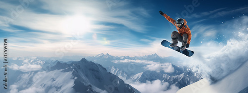 Extreme snowboarding banner. snowboarder mid-air action jump on a mountain. Outdoor recreational adventure winter sport activity