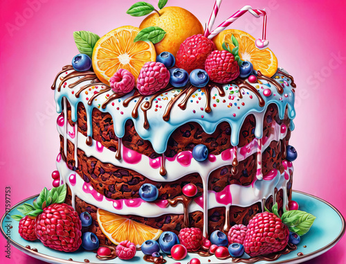 Pop Art Fruit Cake and Whimsical Milkshake Landscapes with Detailed Ballpoint Pen Illustrations and Shimmering Metallic Textures Gen AI photo