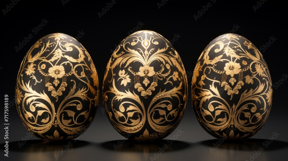 Three luxurious golden decorated Easter eggs with intricate patterns on a dark background. Three luxurious golden decorated Easter eggs with intricate patterns on a dark background.