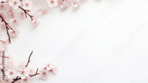 Delicate cherry blossoms creating a beautiful border on a crisp white background with ample copy space. © tashechka