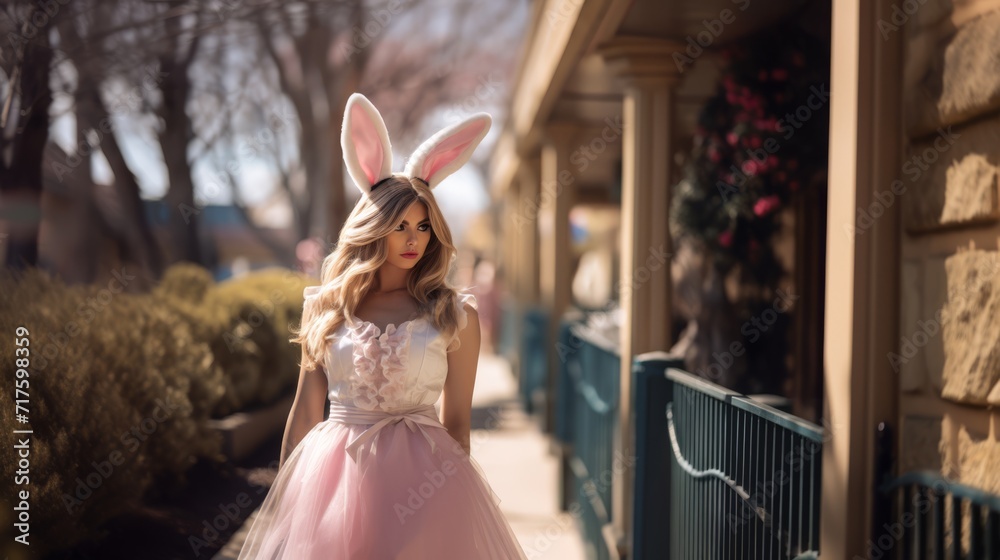 woman easter bunny, wearing a pink dress and bunny ears