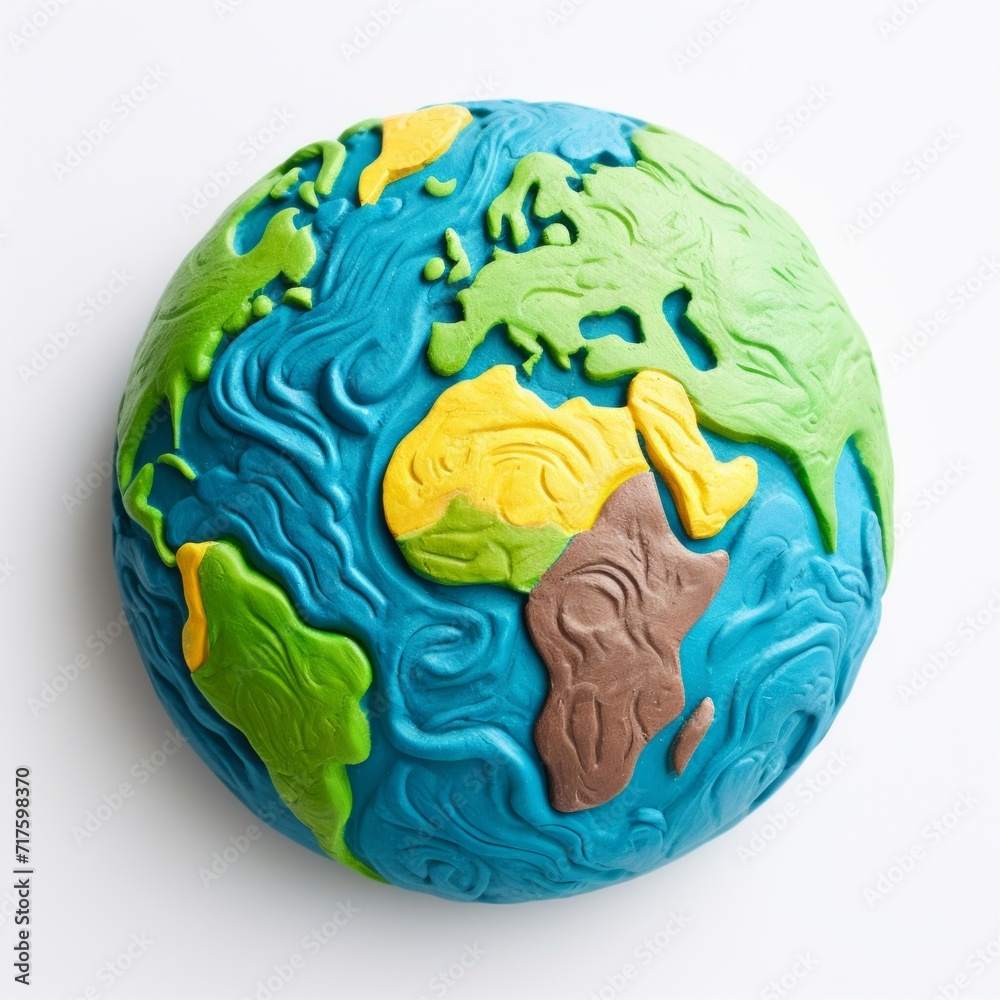 A colorful play dough representation of the Earth, creatively crafted, on a white backdrop.