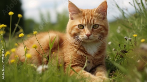 A serene ginger cat lounges among yellow flowers in a lush green field under clear skies.