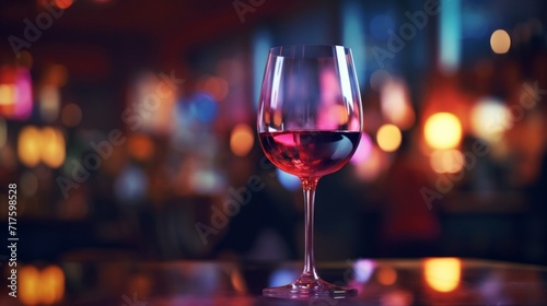 An elegant glass of red wine on a bar counter with a vibrant, bokeh light background.