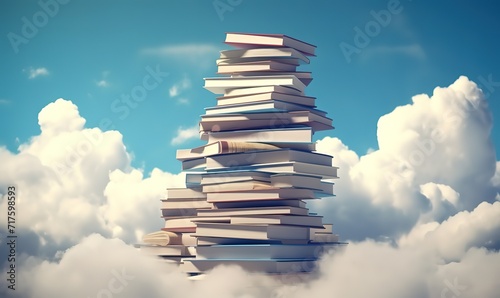Tall stacks of books that penetrate above the clouds. generative AI