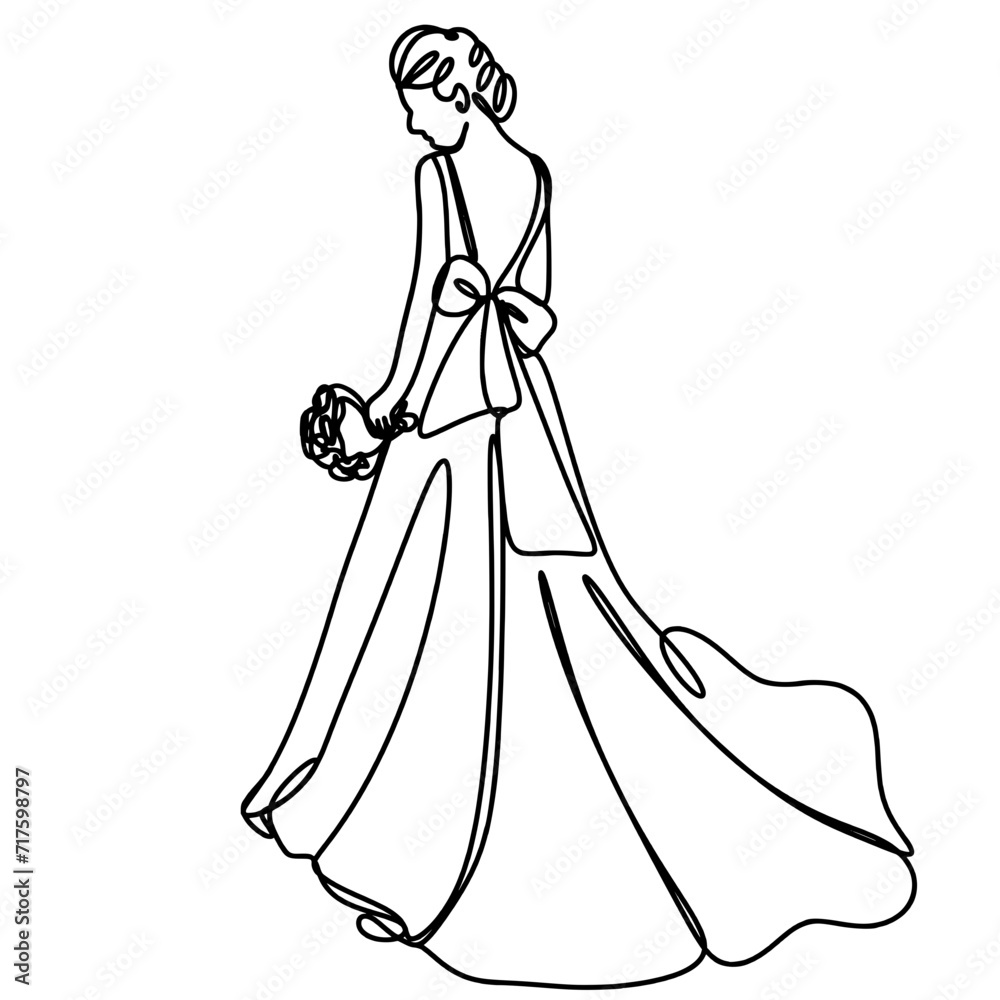 Bride standing holding flowers one line art drawing Bride standing holding flowers one line art drawing