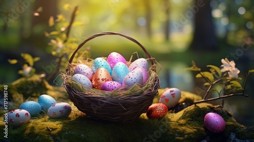 Colorful Easter eggs in a wicker basket placed in an enchanted forest setting. © tashechka