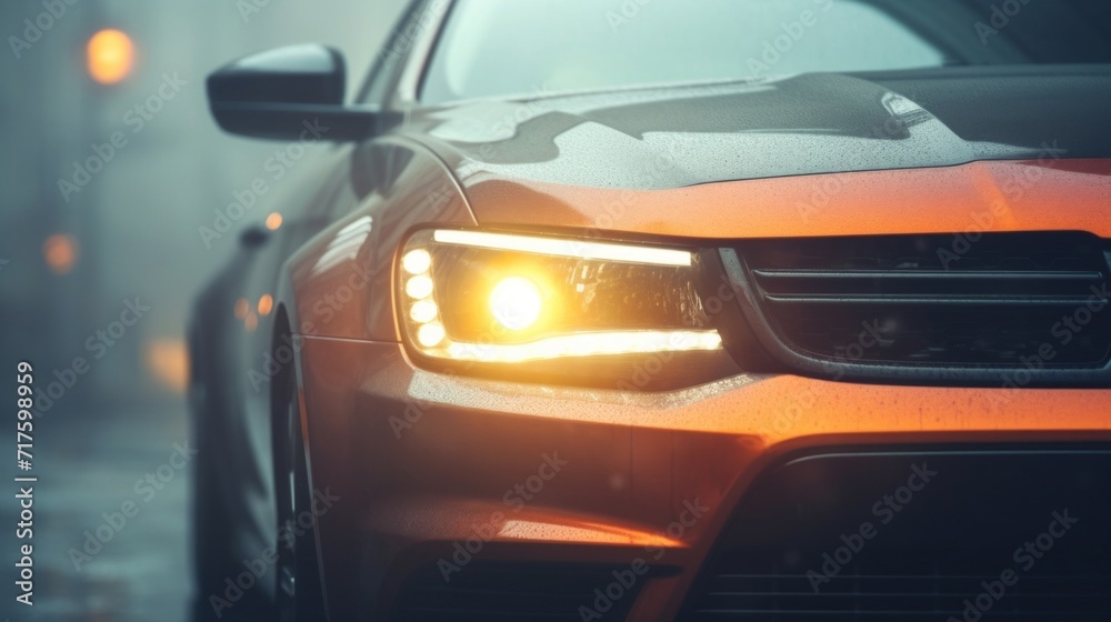 Close-up of an illuminated headlight on a modern orange car during a foggy evening.