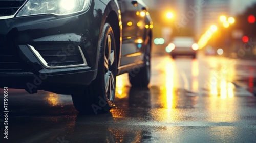 A black car's headlights shine on a rain-soaked urban street with city lights at night. © tashechka