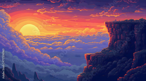 hill terrain in sunset in pixel art game style, pixel art game terrain, pixel art game background, landscape background in pixel art style