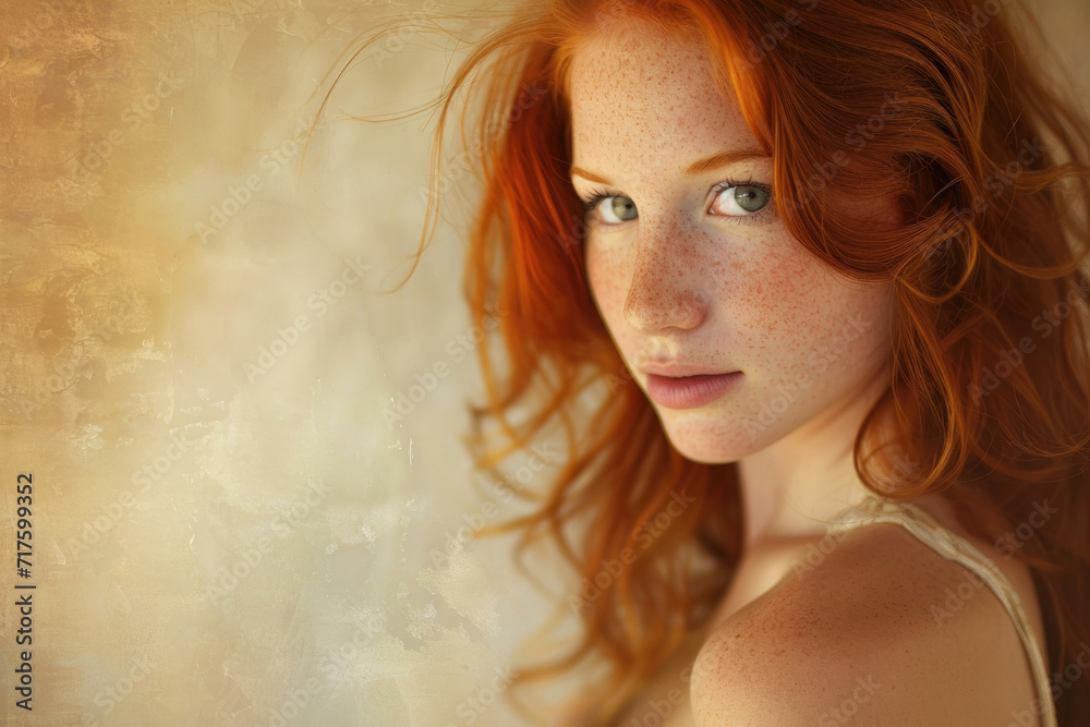 An enchanting portrait capturing the charisma of a young, freckled redhead woman