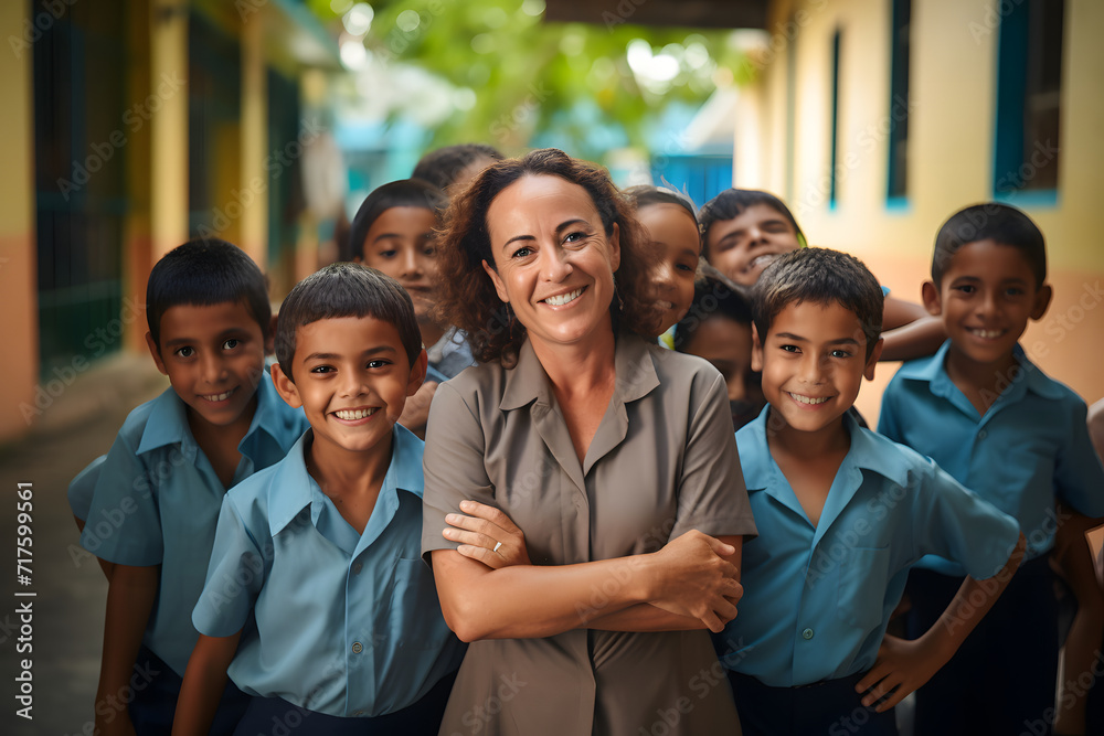 Smiling female teacher standing with crossed arms in front of a group ...