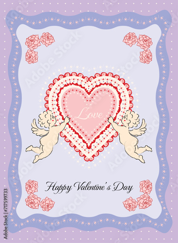 Valentine'Day Heart Cupid Card Vector illustration, Hand Draw Cupid And Rose  Love Emotion, Retro Valentine Gift Card