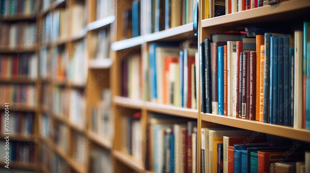 Rows of books on shelves in a library. generative AI
