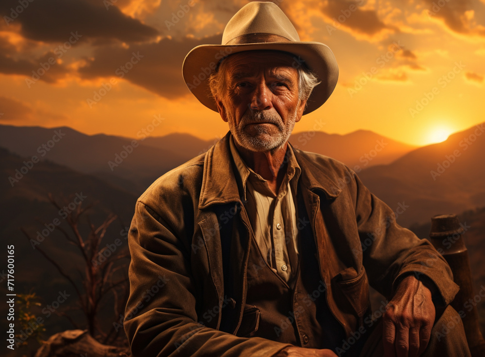 Old man wearing a black bowler hat against a dramatic sunset.