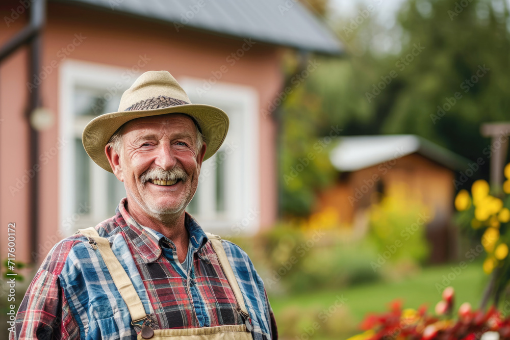 Portrait of a senior man gardening in his garden smiling at the camera