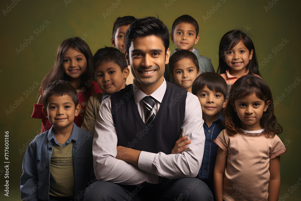 Smiling male teacher standing with crossed arms in front of a group of children in an elementary school classroom. The children surround the teacher with joyful and smiling faces. Smiling male teacher standing with crossed arms in front of a group of children in an elementary school classroom. The children surround the teacher with joyful and smiling faces.