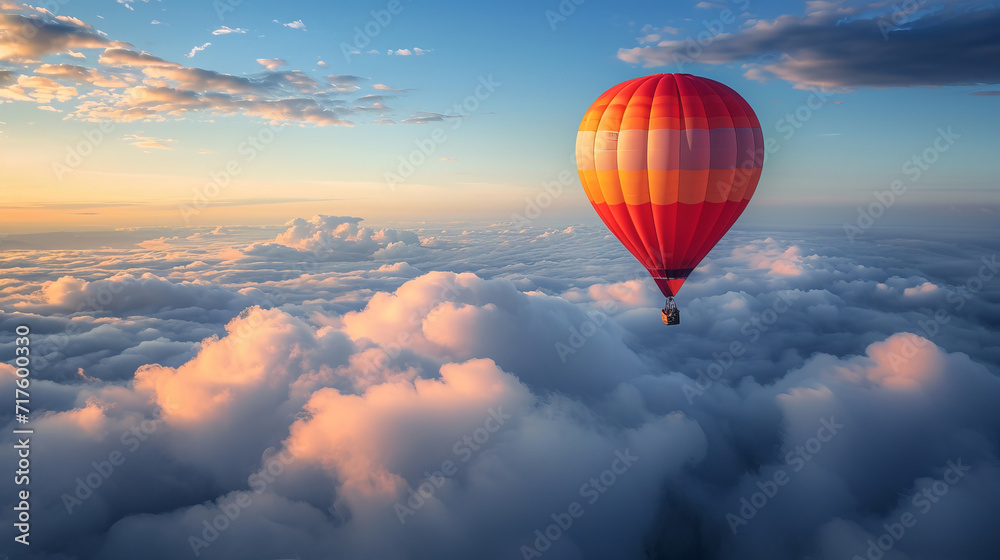 Hot air balloon soaring above clouds at sunrise, AI Generative.