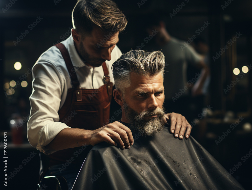 Barber cutting in barbershop. Hairdresser with scissors shots hair