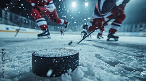Intense hockey match action close-up on puck, AI Generative. photo