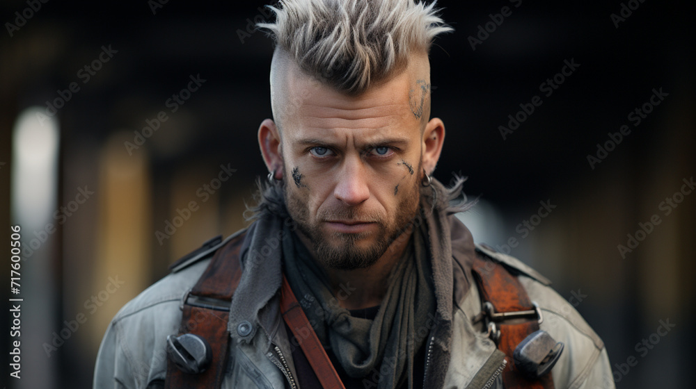 Profile shot of a middle aged punker with a mohawk