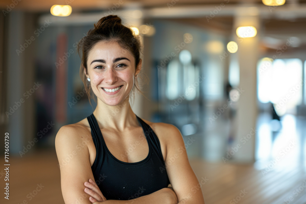 Portrait of smiling young woman standing with arms crossed in fitness studio