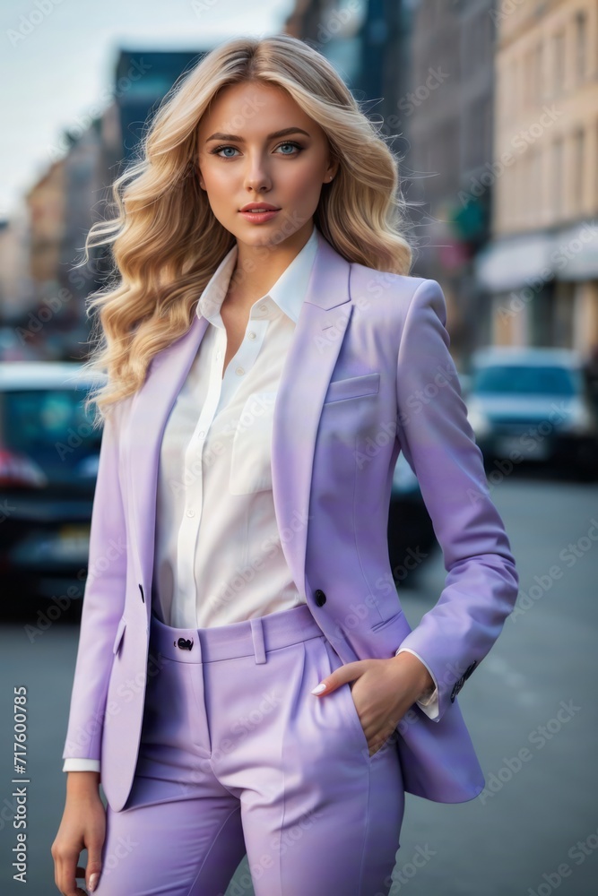 A beautiful blonde woman with blue eyes and a lavender blazer. Business girl