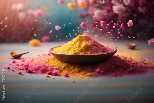 Photo of powdered holi color in a plate ai generative © BillyMakes