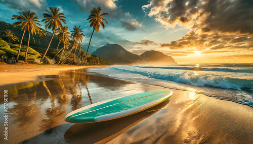 Surfboard on the sandy beach of a beautiful tropical island with palm trees and sea waves crashing on the coast at sunset or sunrise. Generative Ai.
