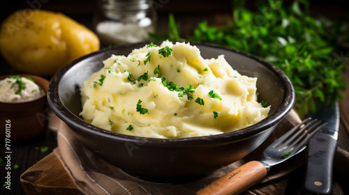 Bowl of tasty mashed potatoes and butter