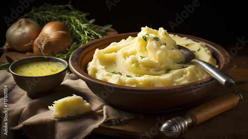 Bowl of tasty mashed potatoes and butter