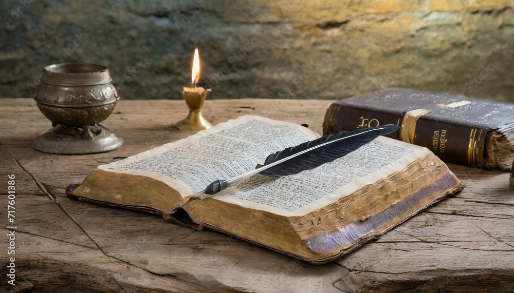 Bible with a Feather Quill: An old Bible open on a desk alongside a feather quill.