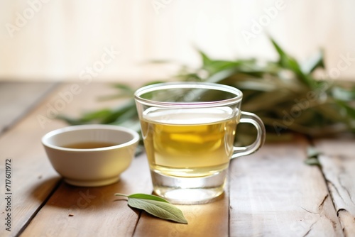 glass cup with steaming sage tea, fresh sage leaves on the side