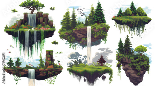 floating island with waterfall in pixel art game style, isolated on white background, pixel art game terrain, pixel art game background, landscape background in pixel art style
