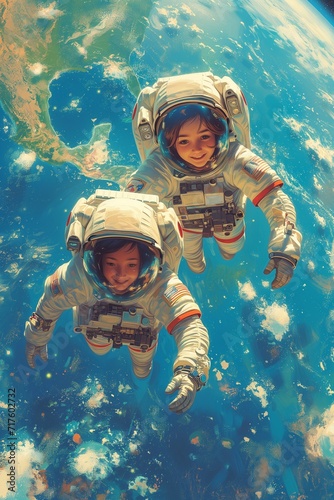 Two young people in spacesuits fly around the planet earth